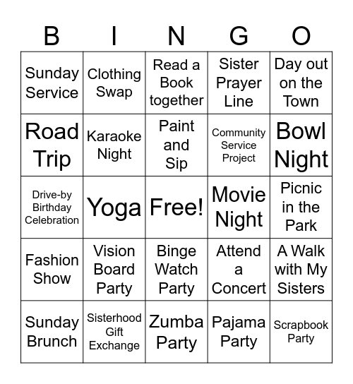 Sisterhood Activities Bingo Card