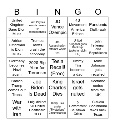 2025 Predictions Bingo (Cami and Clay) Bingo Card