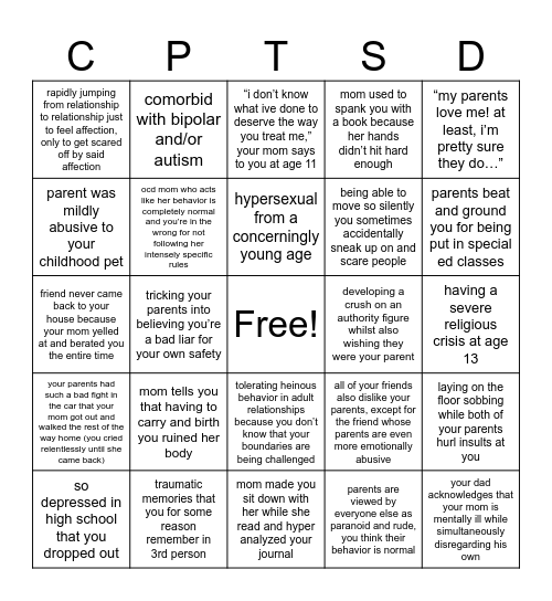 very specific cptsd bingo Card