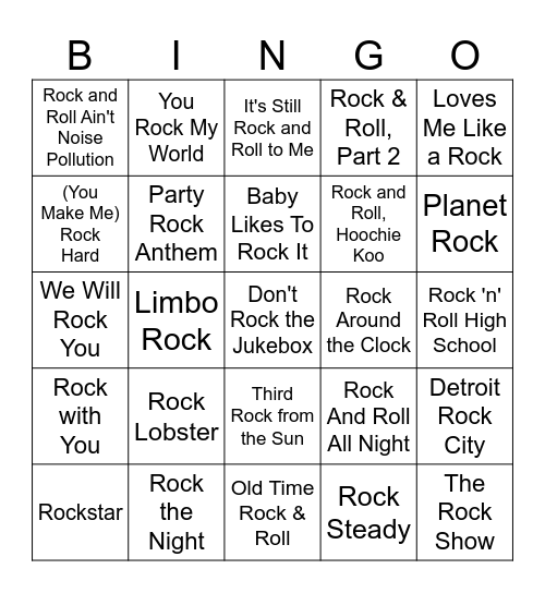 Songs With "Rock" In The Title Bingo Card