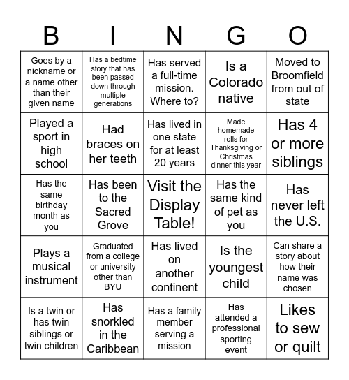 Get to Know Your Sisters Bingo Card