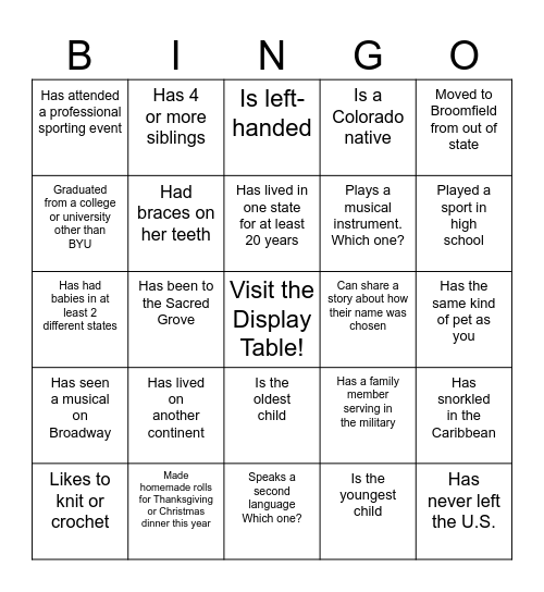 Get to Know Your Sisters Bingo Card