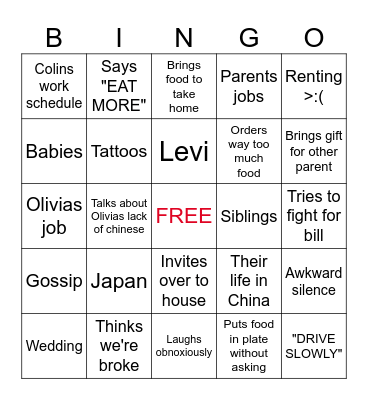 Parents Deener Bingo Card