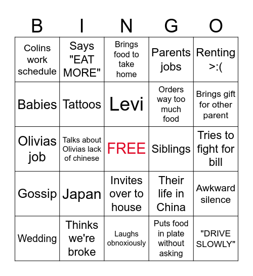Parents Deener Bingo Card