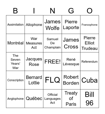 French-English Relations in Canada Bingo Card