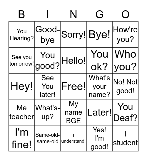 Greetings & Phrases Bingo Card