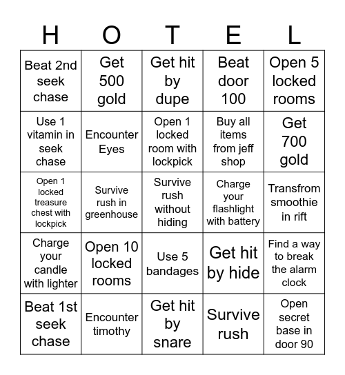 Doors Floor 1 The Hotel Bingo Card