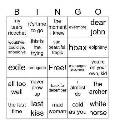 SADDEST SONGS Bingo Card