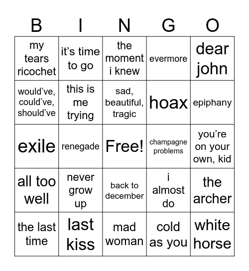 SADDEST SONGS Bingo Card