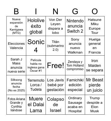 Bingo 2025 Bingo Card