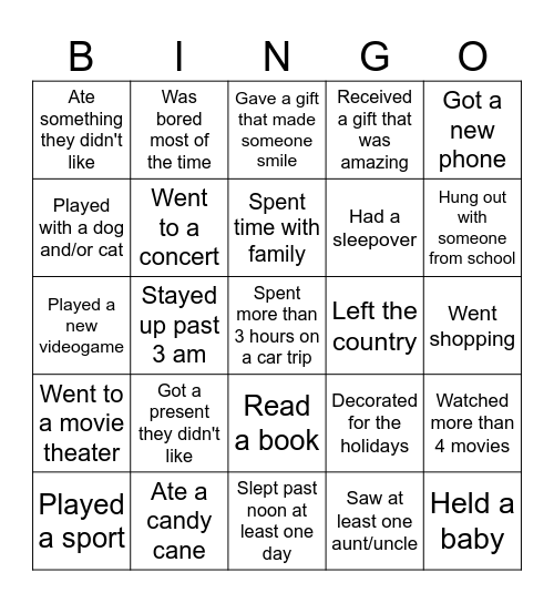 Over winter break...Find someone who.... Bingo Card