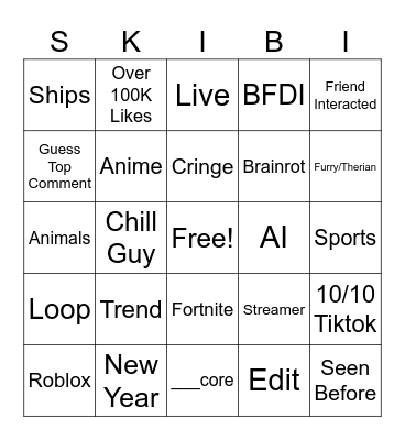 TIktok Bingo Card