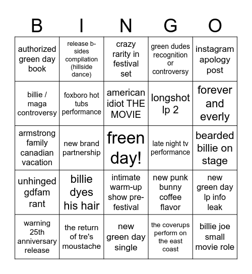 green day 2025 bingo Card