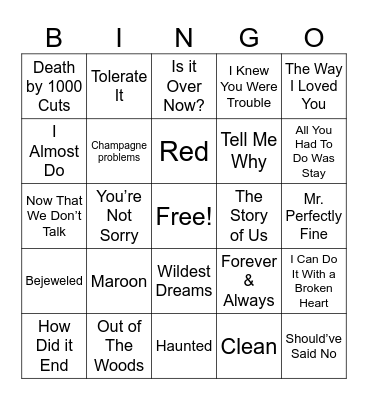 SONGS ABOUT AN EX Bingo Card