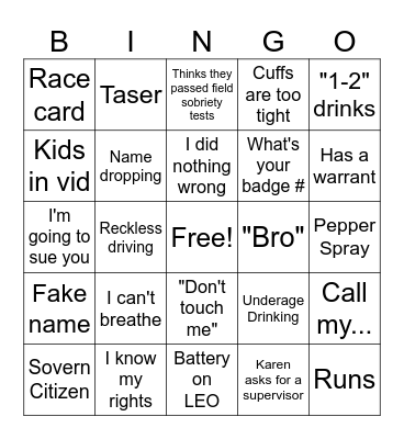 Body Cam Bingo Card