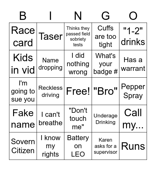 Body Cam Bingo Card