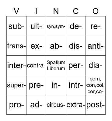 VINCO - Prefixes Bingo Card