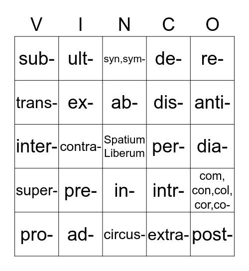 VINCO - Prefixes Bingo Card