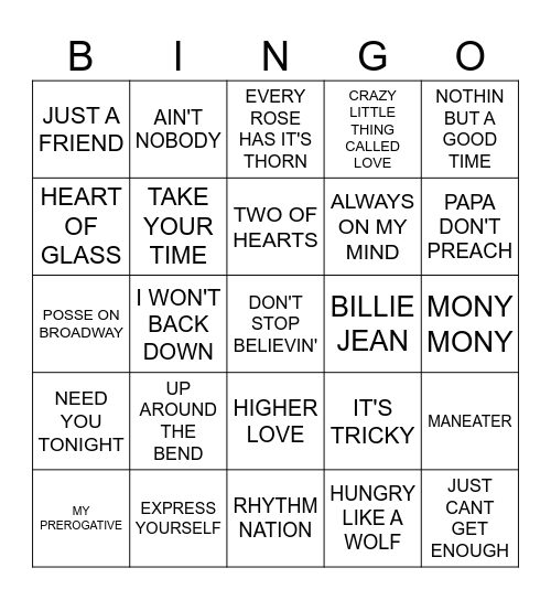 80's HITS! Bingo Card