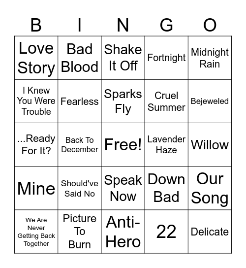 Taylor Swift Sing-O Bingo Card