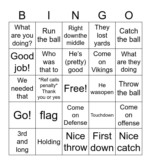 Dad Football Bingo Card