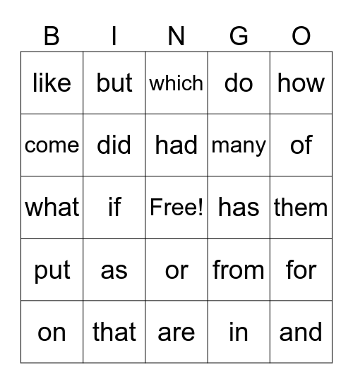 Heart Words Bingo Card