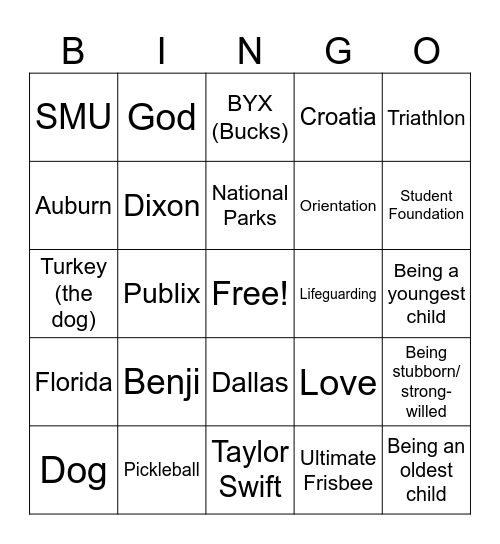 Nick and Laura's Rehearsal Dinner Bingo Card