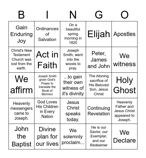 Restoration Proclamation Bingo Card