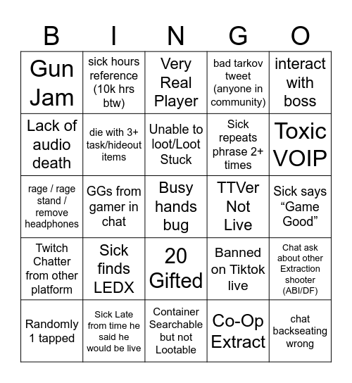 SickDegenerate Tarkov Bingo Card