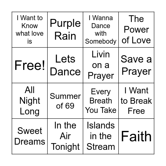 1980's Music Bingo Card