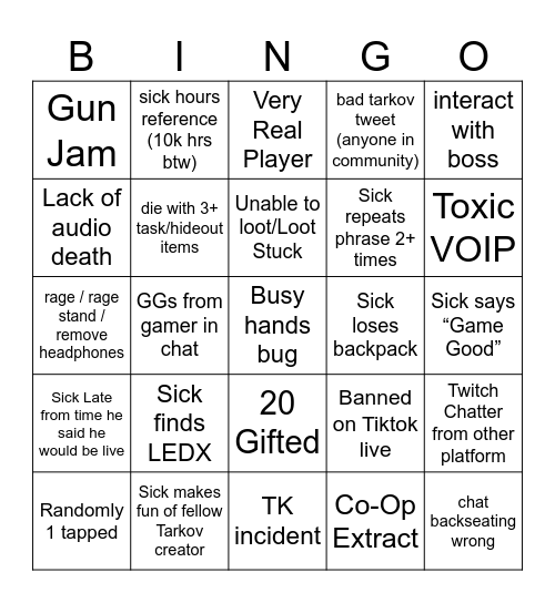SickDegenerate's Tarkov Bingo Card