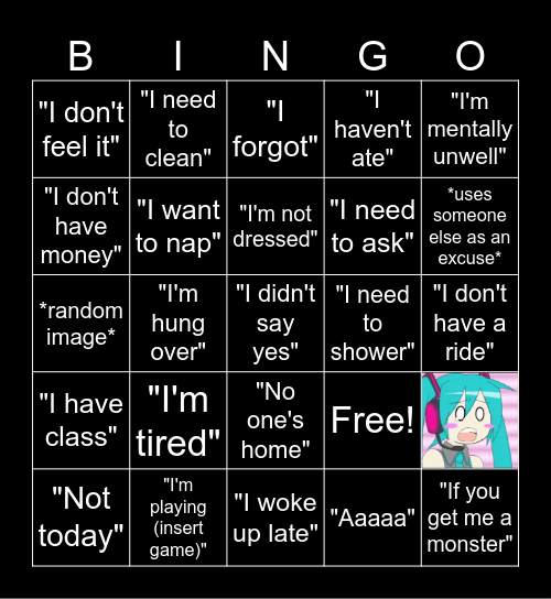 Andrew Excuses Bingo Card