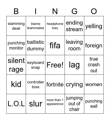 gamer rage Bingo Card