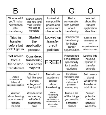 Transfer Student Bingo Card