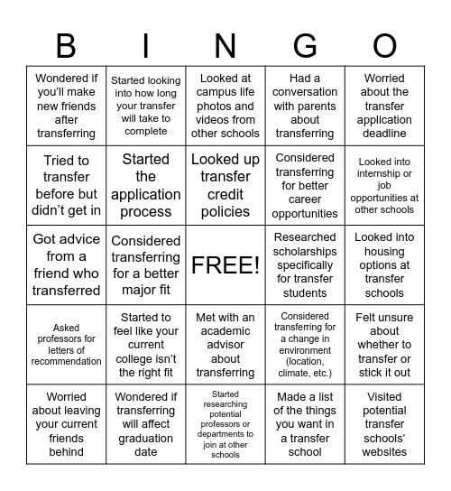 Transfer Student Bingo Card