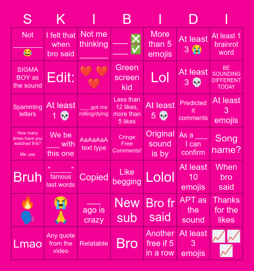 Cringe Comment Bingo Card