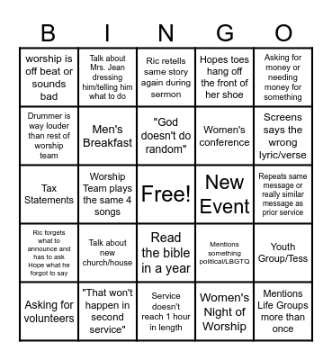 Reality Church  B I N G O Bingo Card