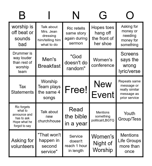 Reality Church  B I N G O Bingo Card