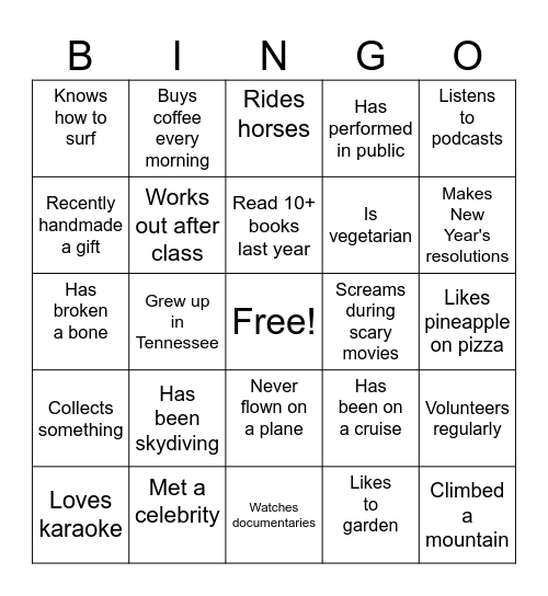 Icebreaker Bingo Card