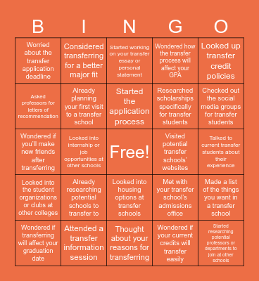 Transfer Student Bingo Card