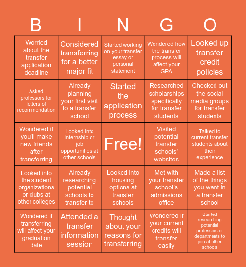 Transfer Student Bingo Card