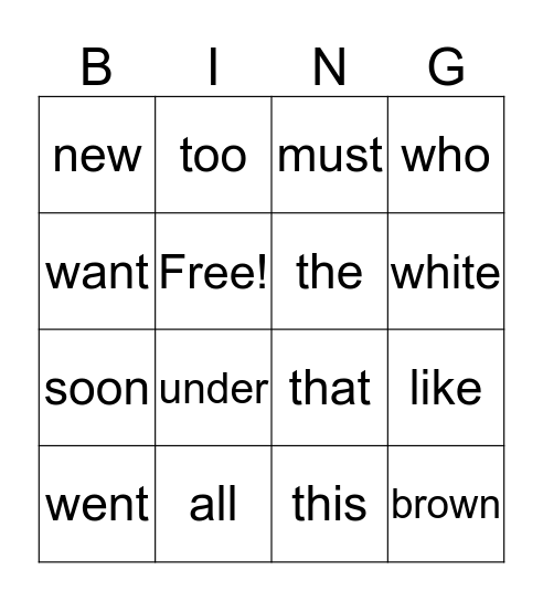 Sight Word Bingo Card