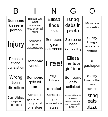 Japan Trip Bingo Card