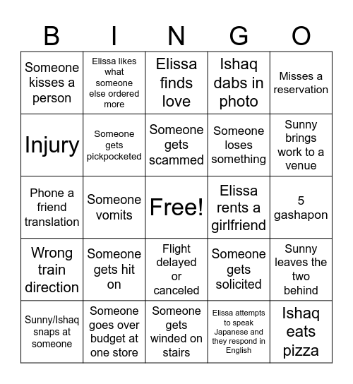 Japan Trip Bingo Card