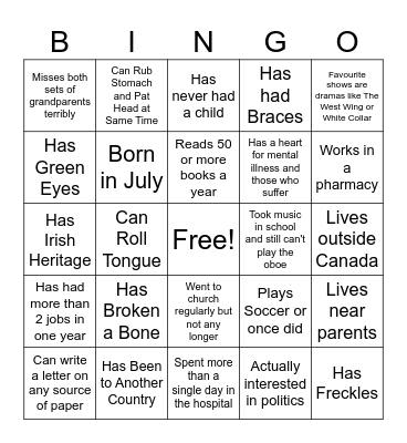 Pen Pal Bingo Card