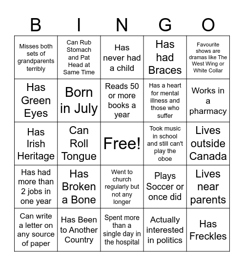 Pen Pal Bingo Card