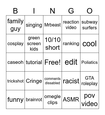 Youtube Shorts Bingo Card