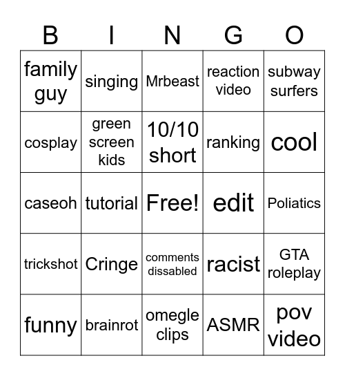 Youtube Shorts Bingo Card