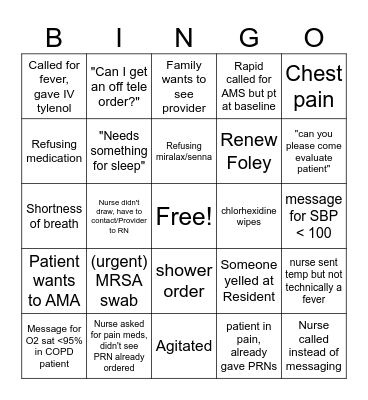 Night float BINGO Card