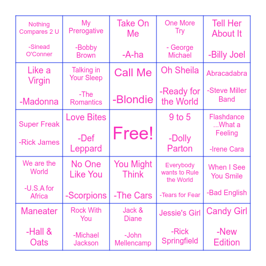 80s Music Bingo Card